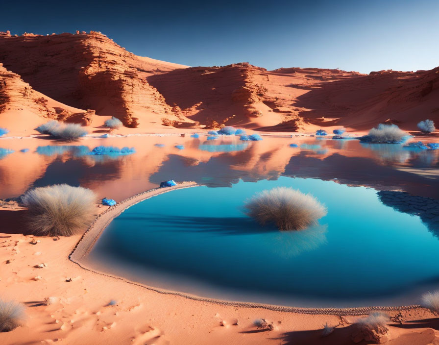 Vibrant desert landscape with blue water ponds, orange sands, and green shrubs