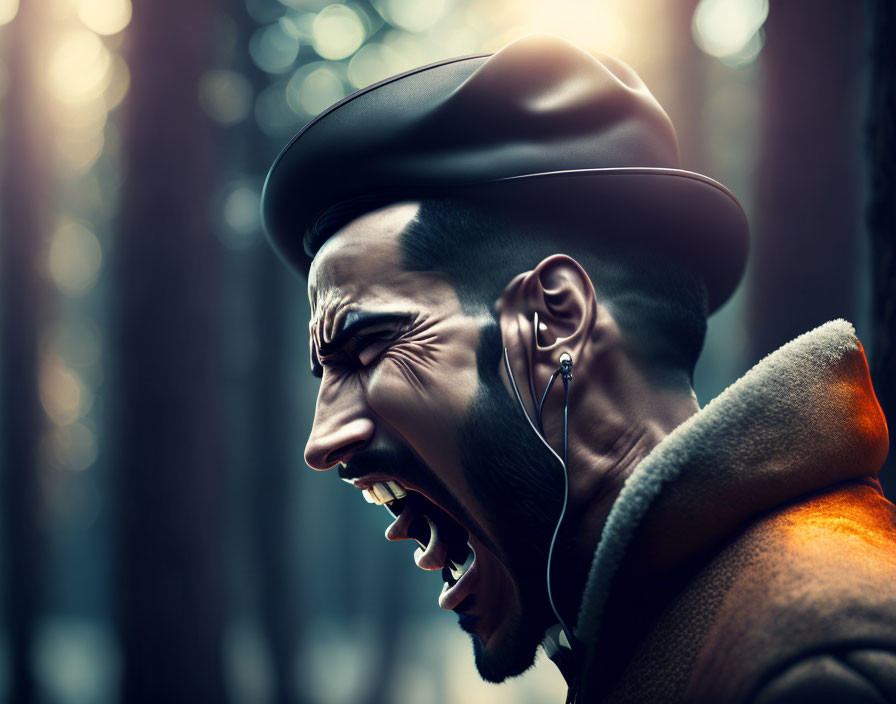 Man in beret and earphones screaming against forest backdrop