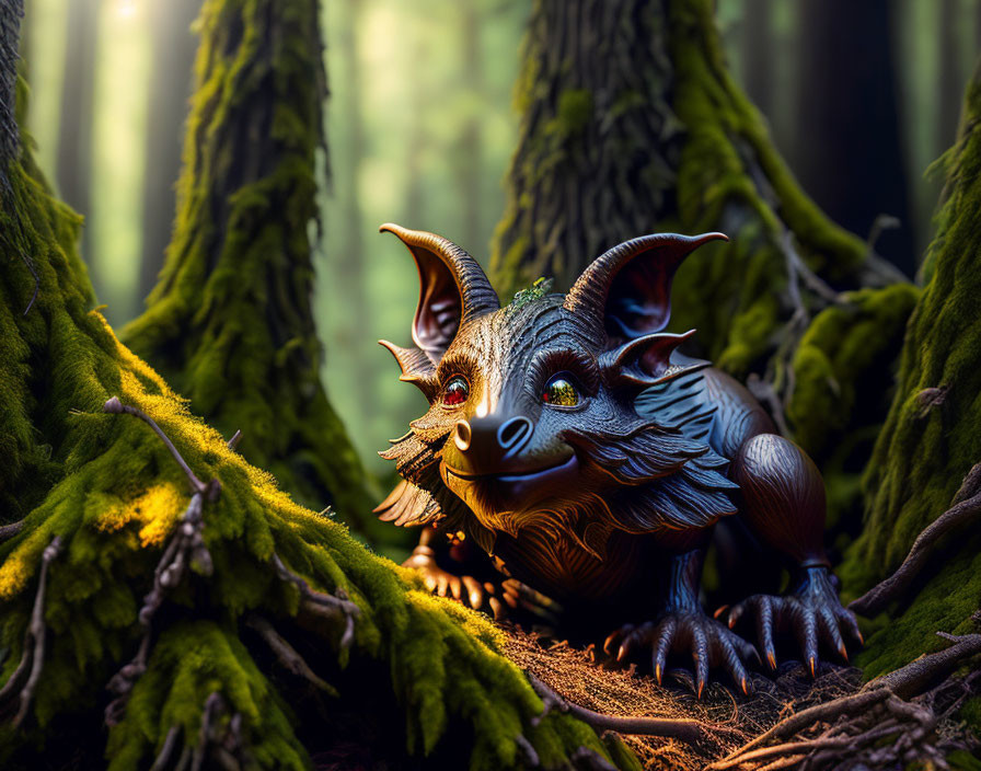 Fantasy creature with large ears in mystical forest landscape