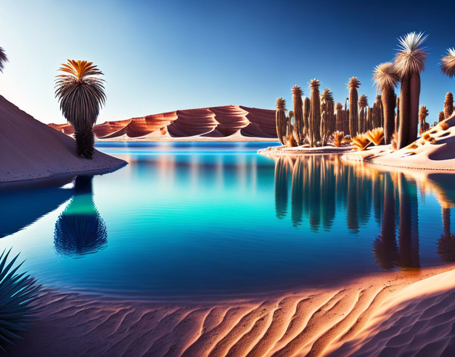 Desert Oasis with Palm Trees and Blue Water