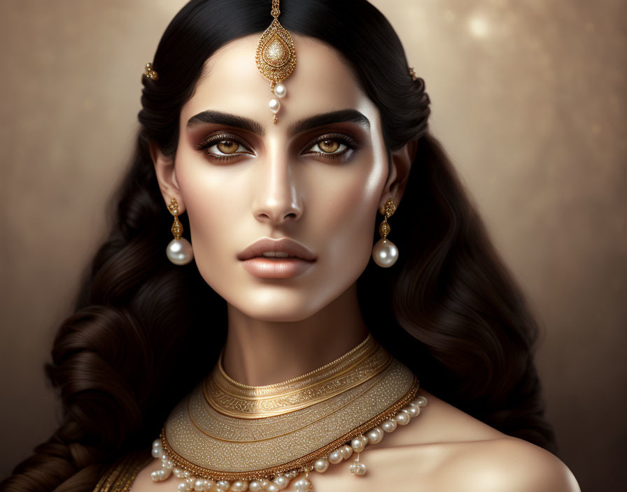 Woman with Striking Makeup and Gold Jewelry on Golden Background