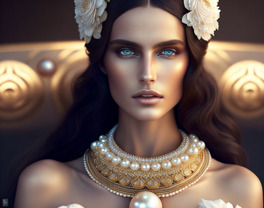 Woman with Blue Eyes and Elegant Accessories in Digital Painting