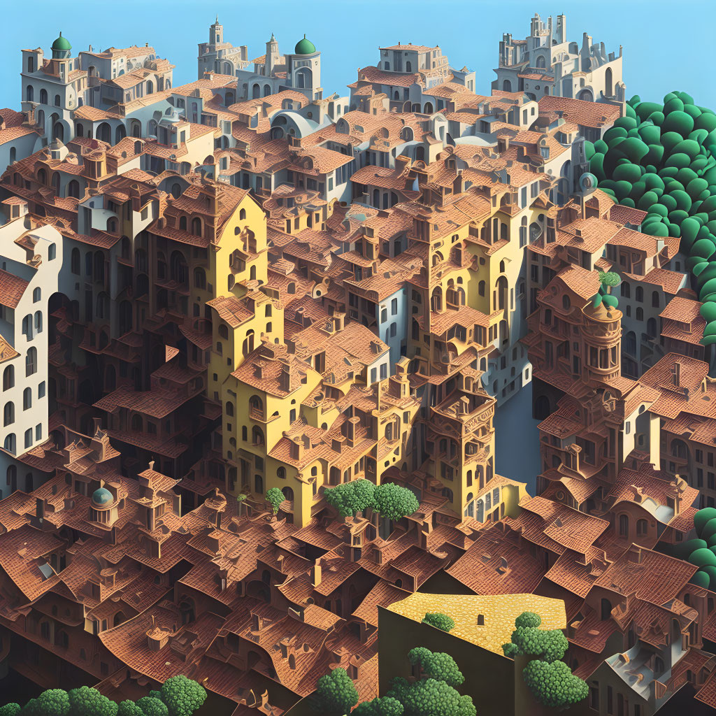 Densely packed Escheresque town with terracotta roofs and meandering staircases