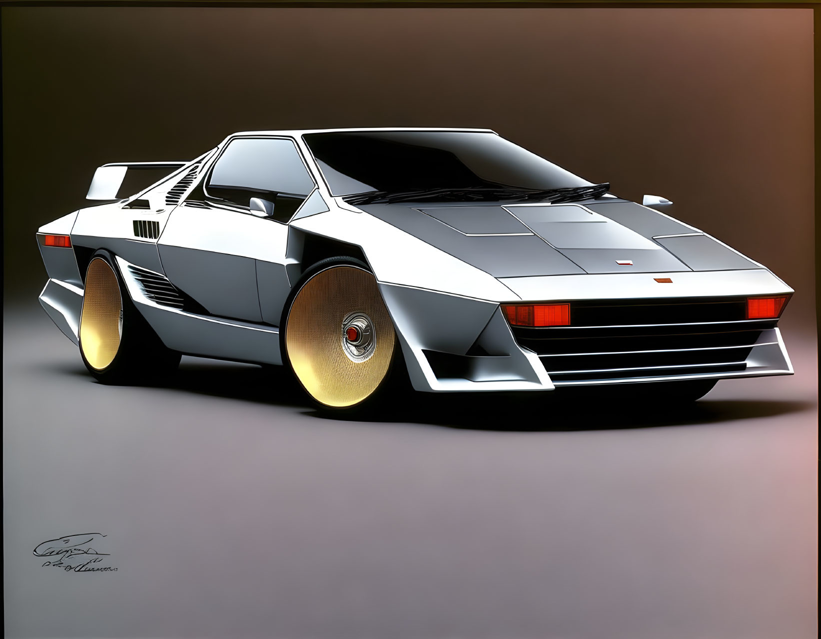 Angular White Sports Car with Pop-Up Headlights and Golden Wheels