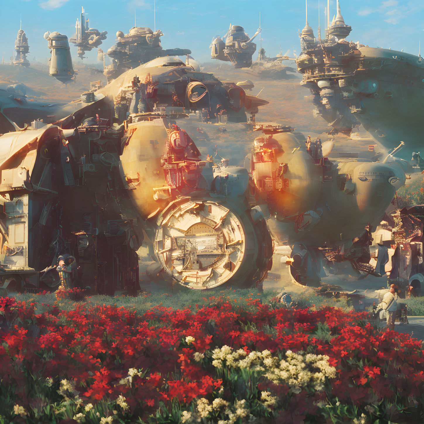 Rusted robots in sci-fi landscape with red flowers and explorers