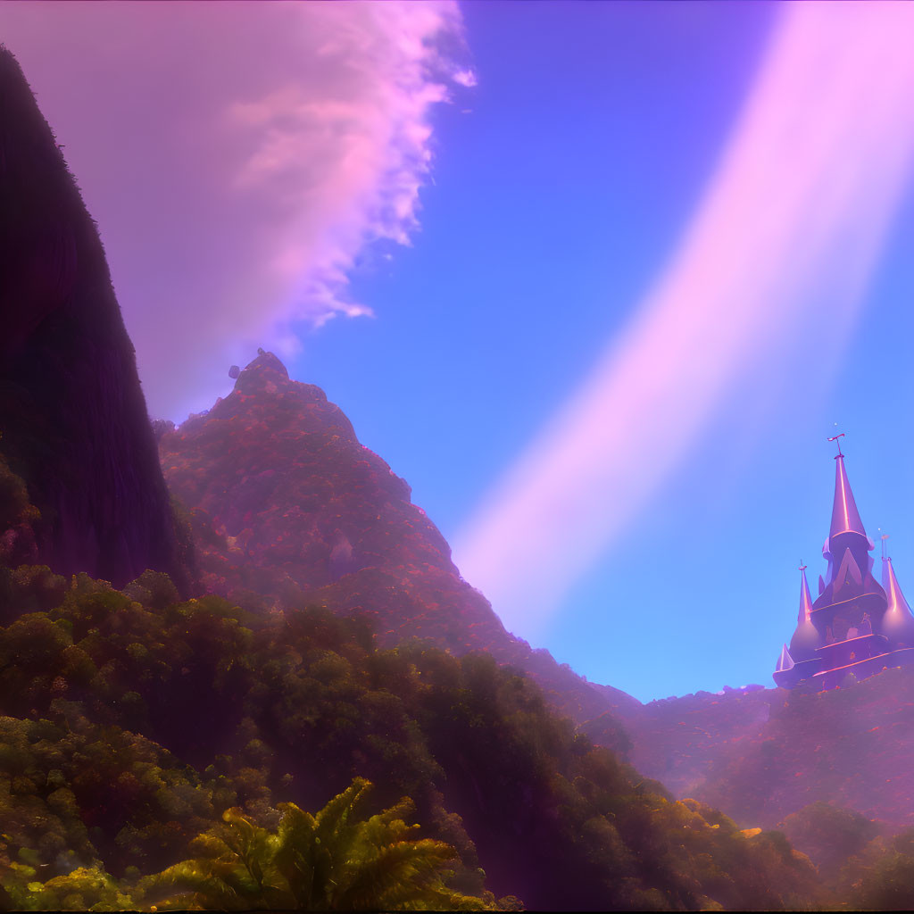 Fantasy landscape with sunbeams, castle, mountains & purple haze