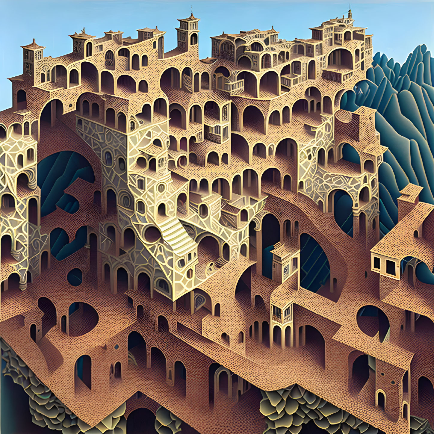 Intricate Escher-like illustration of impossible architecture