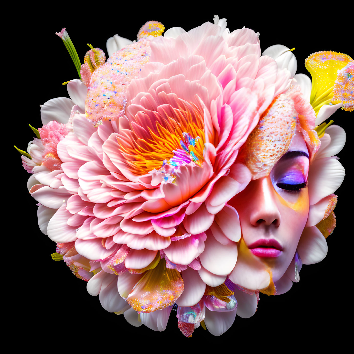 Woman's face merging with pink peony in colorful floral composition