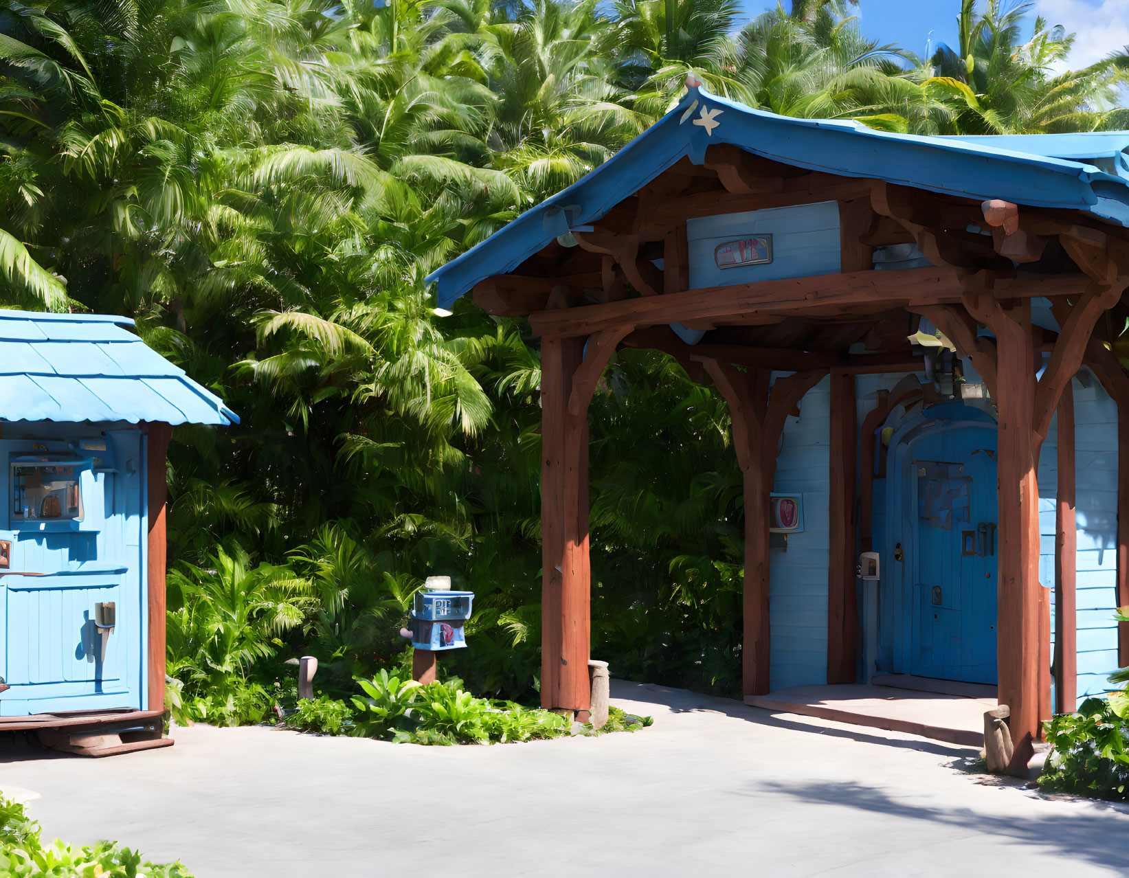 Tropical Beach Hut with Blue Trim Amid Palm Trees