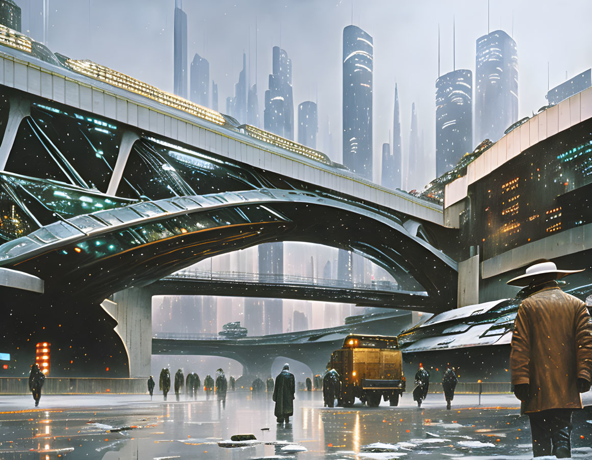 Futuristic cityscape with pedestrians, advanced architecture, flying vehicles, and layered roadways on a