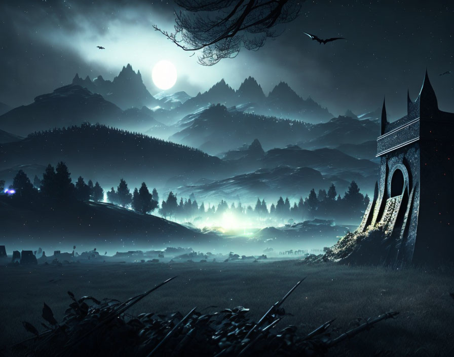 Moonlit fantasy landscape with mountains, archway, glowing lights, birds, misty atmosphere