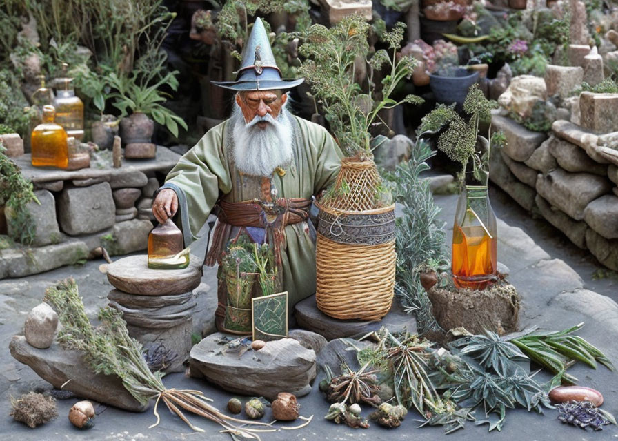 Wizard figurine in blue hat and robes with potions and plants in fantasy scene