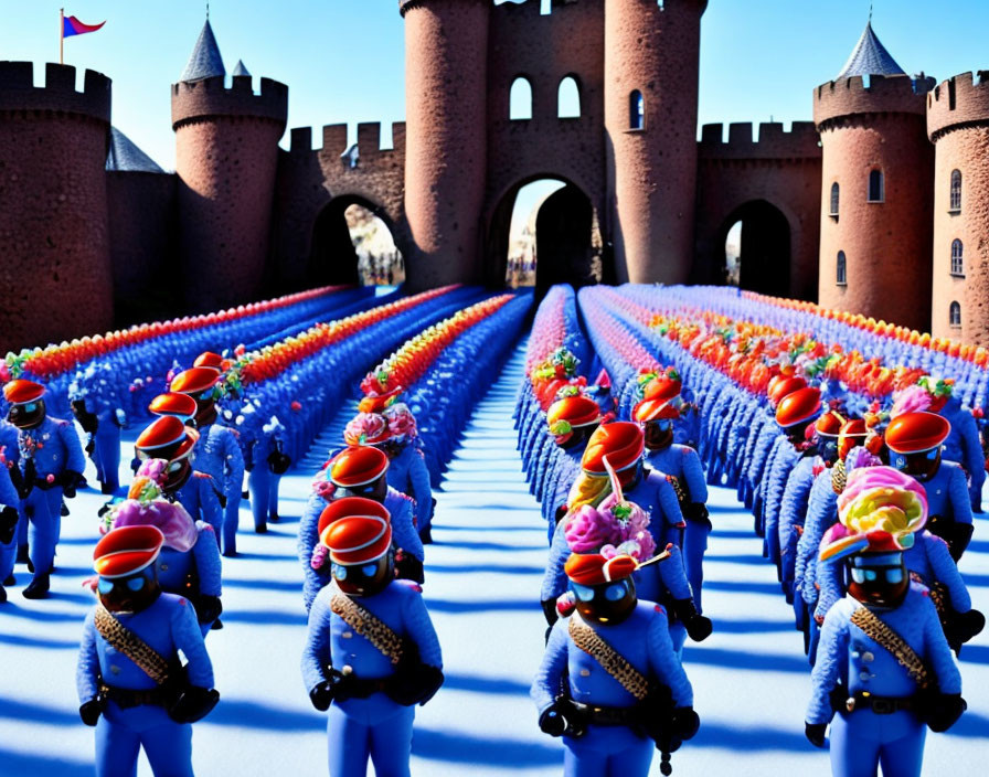 Colorful Toy Soldiers Marching Towards Toy Castle Under Blue Sky