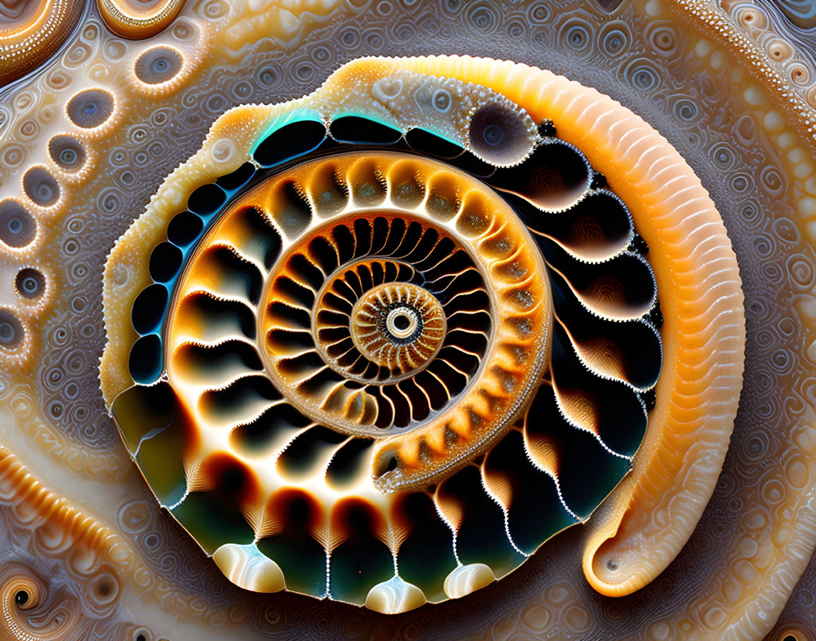 Intricate warm-hued fractal spiral pattern art