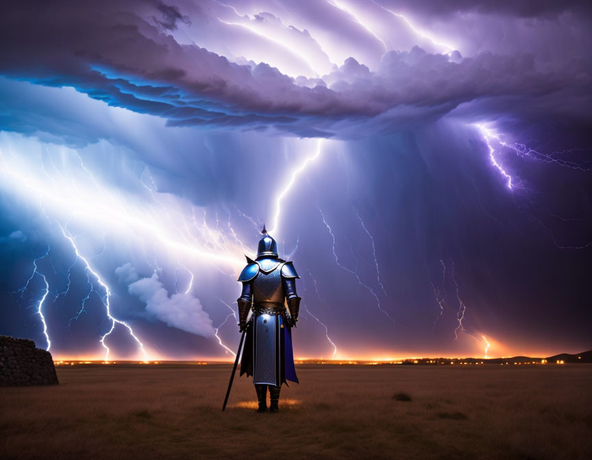 Armored knight under dramatic lightning-filled sky