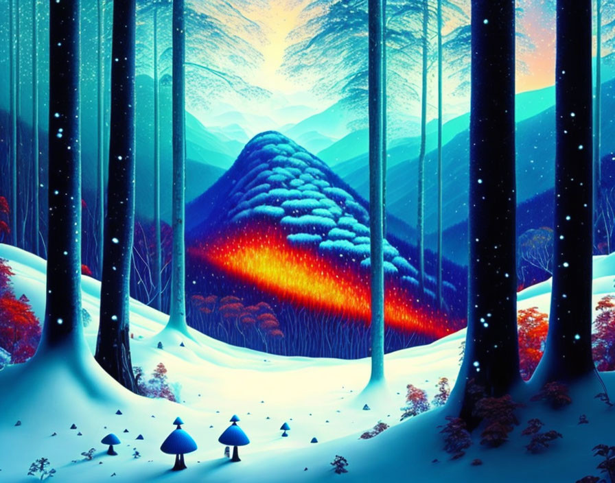 Mushrooms and a snowy mountain