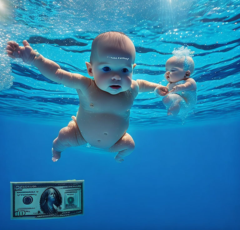 Two Babies Reaching for Dollar Bill Underwater
