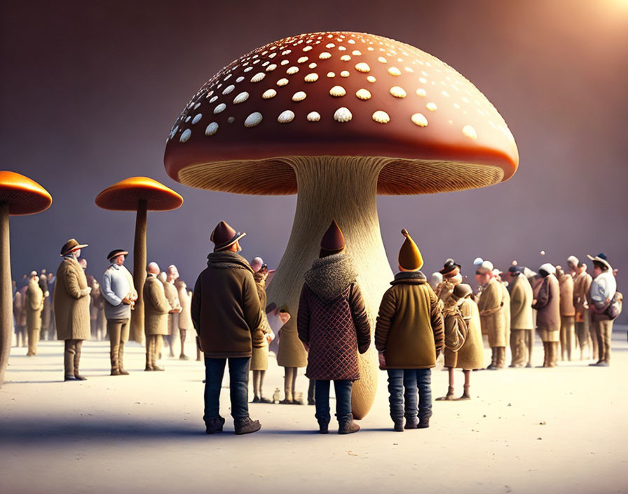 Fantastical scene: Giant mushrooms, people in classical attire, dreamy sky