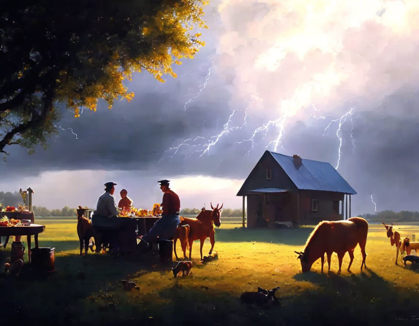 Rustic outdoor scene with dining table, animals, house, and thunderstorm