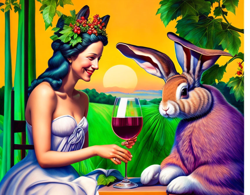 Colorful illustration: Smiling woman in white dress toasting with rabbit at sunset