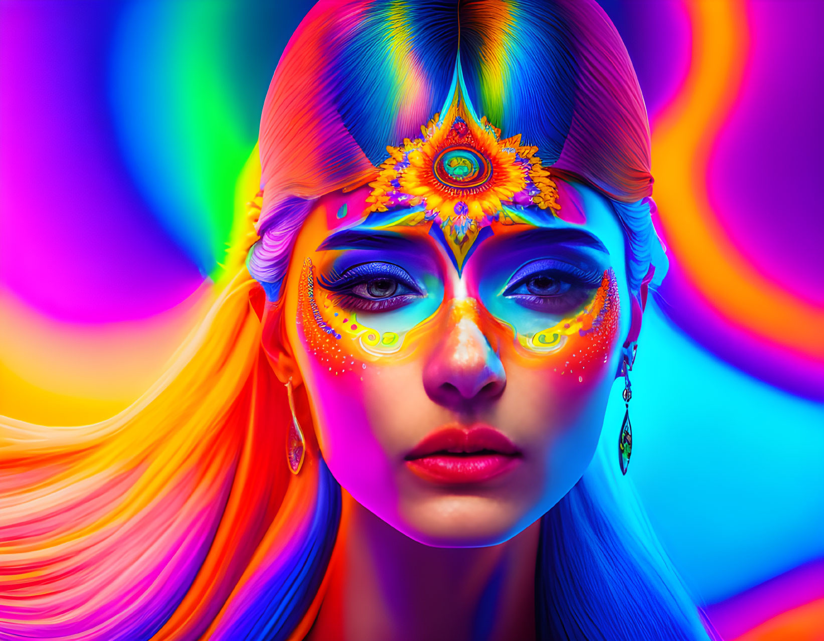 Colorful Digital Art: Woman with Fluorescent Makeup and Rainbow Hair