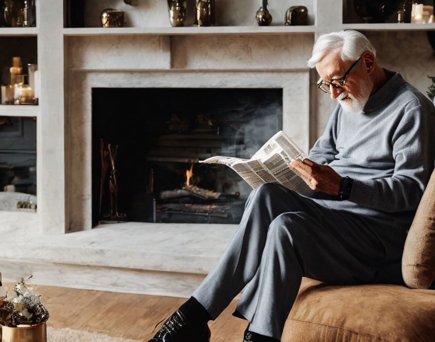 Elderly Man Reading Newspaper by Lit Fireplace in Cozy Living Room