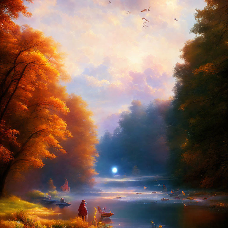 Tranquil autumn landscape with golden trees, misty river, birds, and people in boats