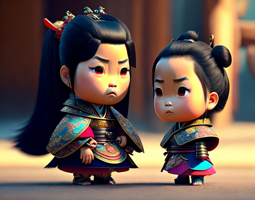 Traditional Asian Attired Characters in Serious Stylized Interaction