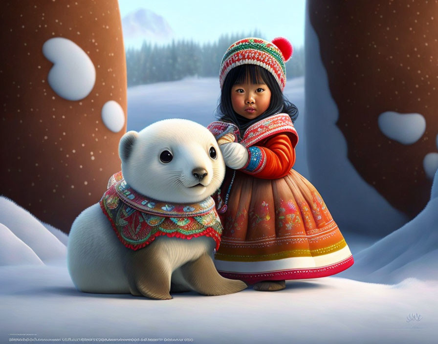 Young girl and polar bear cub in snowy landscape