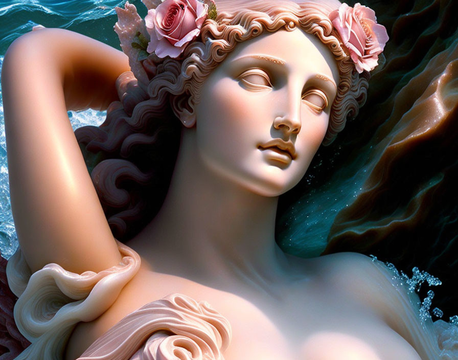Classical-style female figure with flowers in hair reclining near water