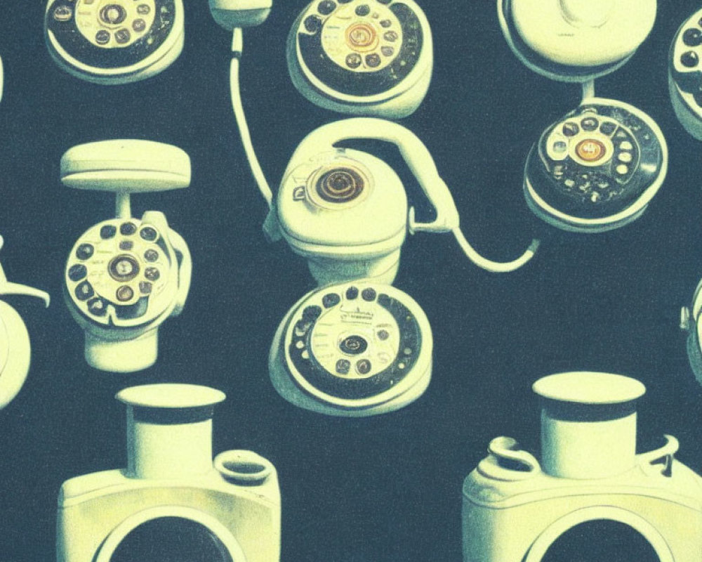 Multiple vintage rotary dial telephones on dark background with filter.