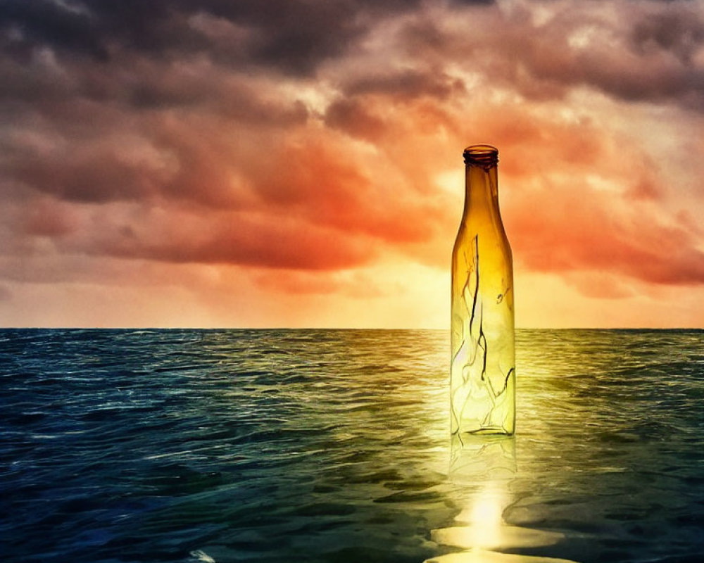 Transparent glass bottle floating on calm sea under vibrant sunset sky