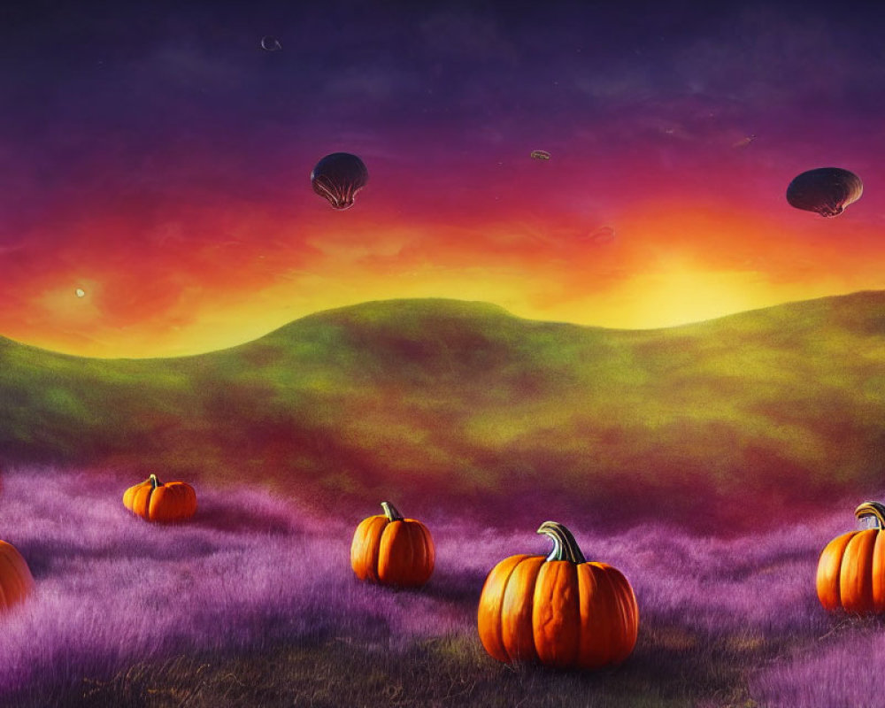 Vibrant sunset fantasy landscape with pumpkins, hot air balloons, orange skies