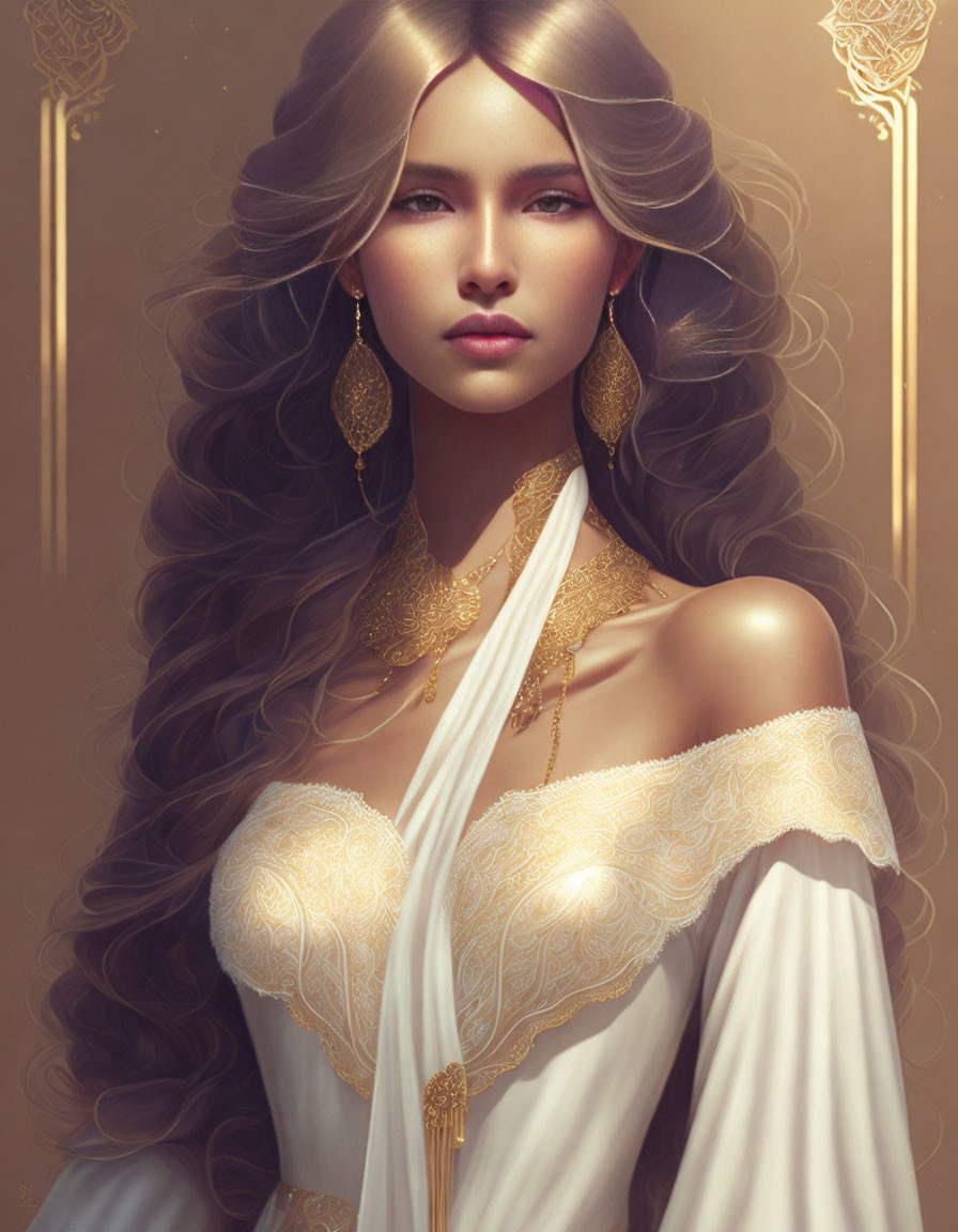 Detailed illustration of woman with long wavy hair, golden jewelry, white and gold draped garment