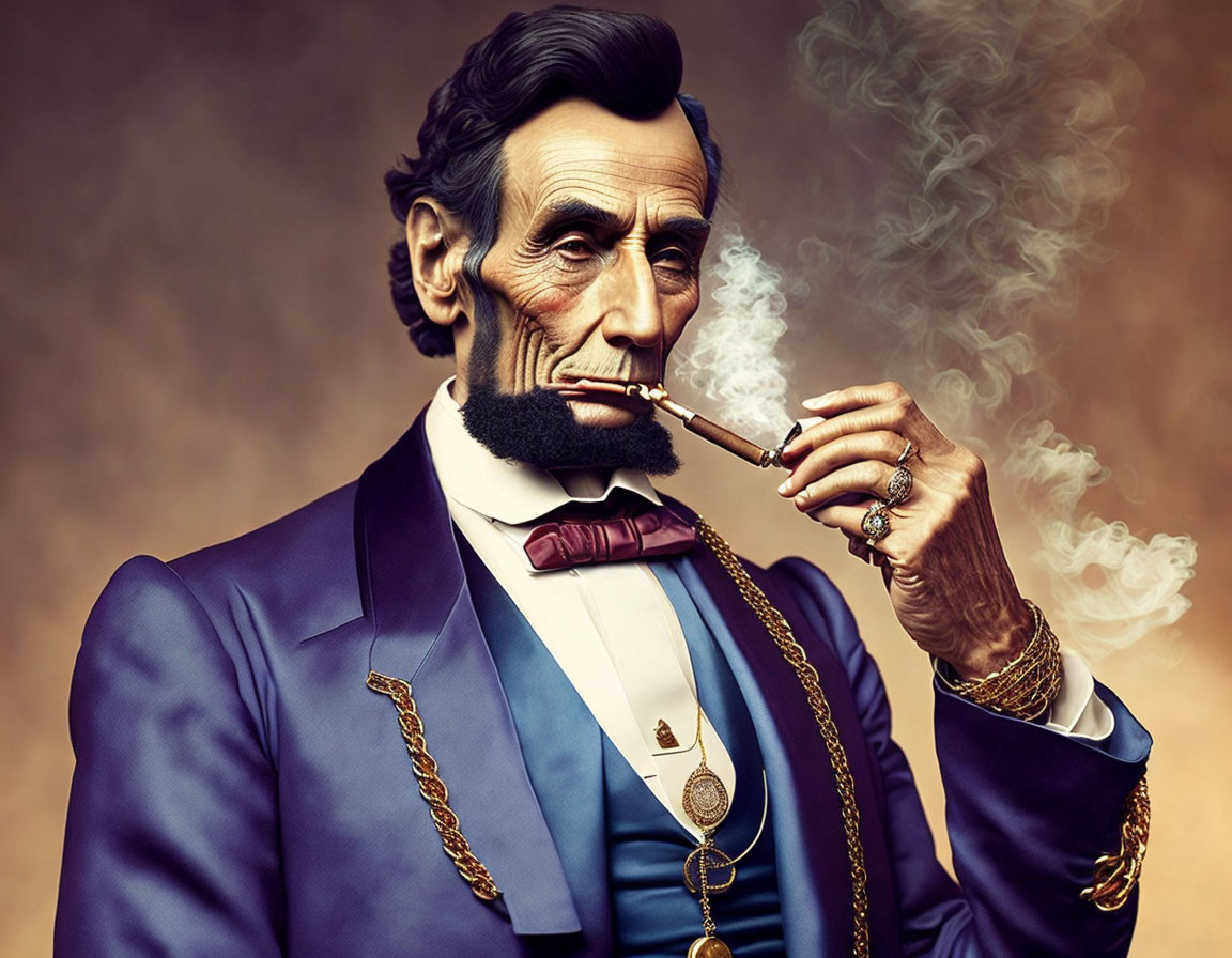 Stylized man in blue suit resembling Abraham Lincoln smoking pipe.