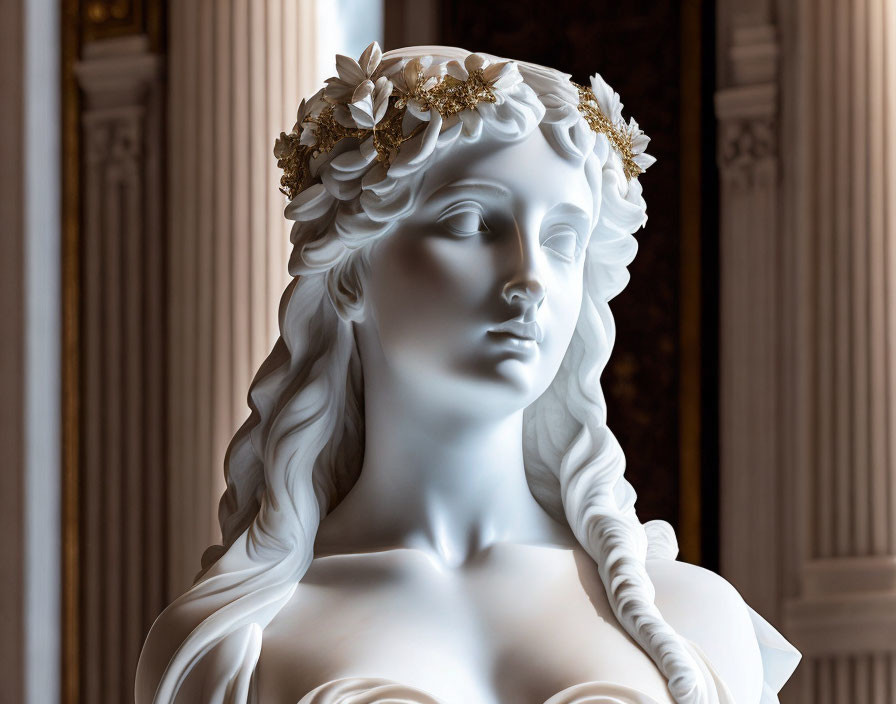 Detailed close-up of classical white marble statue of woman with floral headpiece and serene expression.