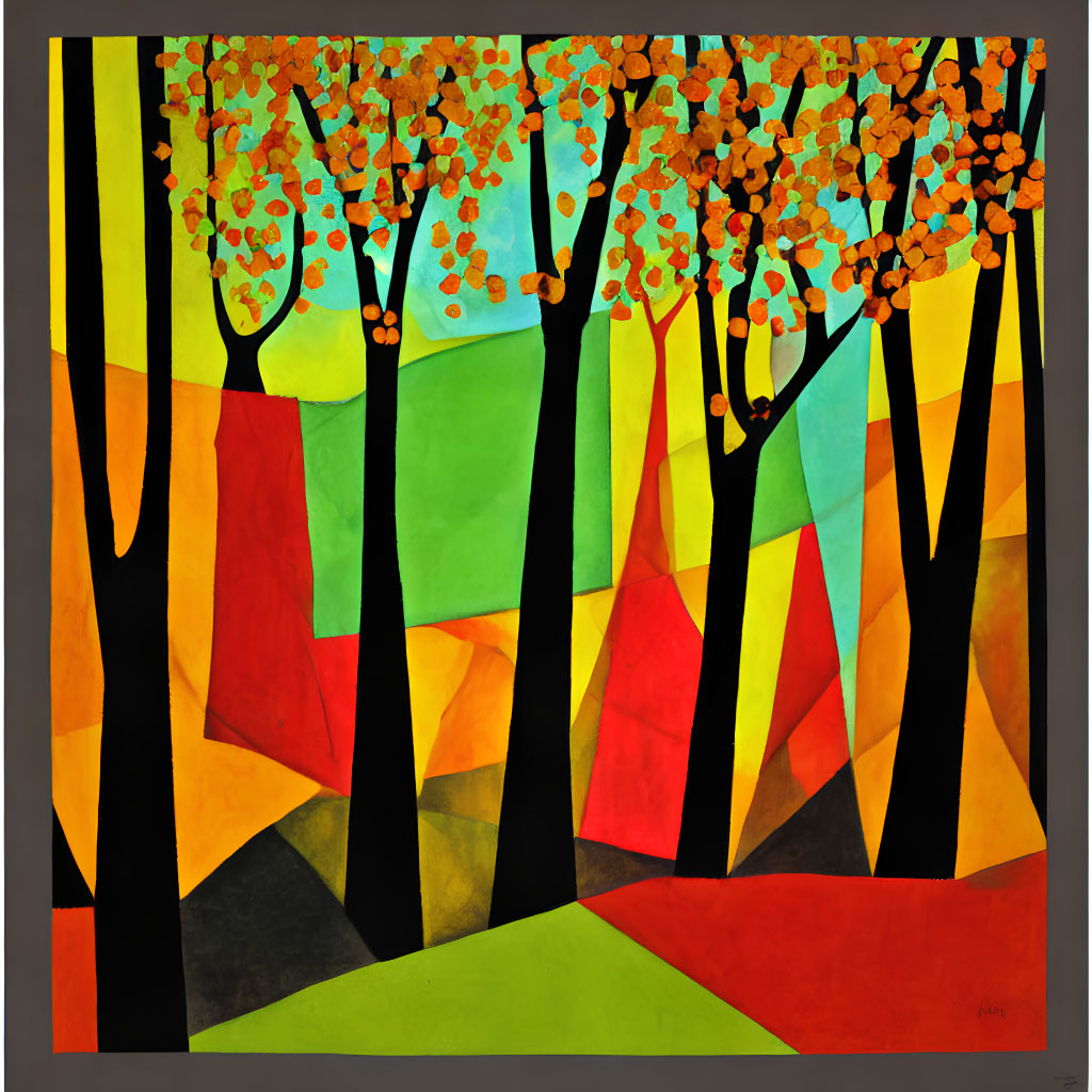 Colorful Autumn Forest Painting with Abstract Trees and Vibrant Shapes