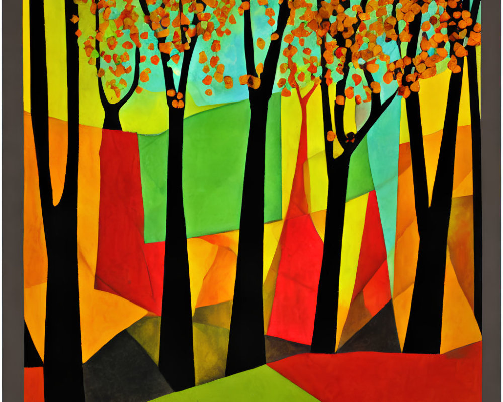 Colorful Autumn Forest Painting with Abstract Trees and Vibrant Shapes