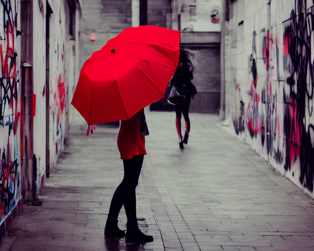 Vibrant red umbrella in urban alleyway with graffiti