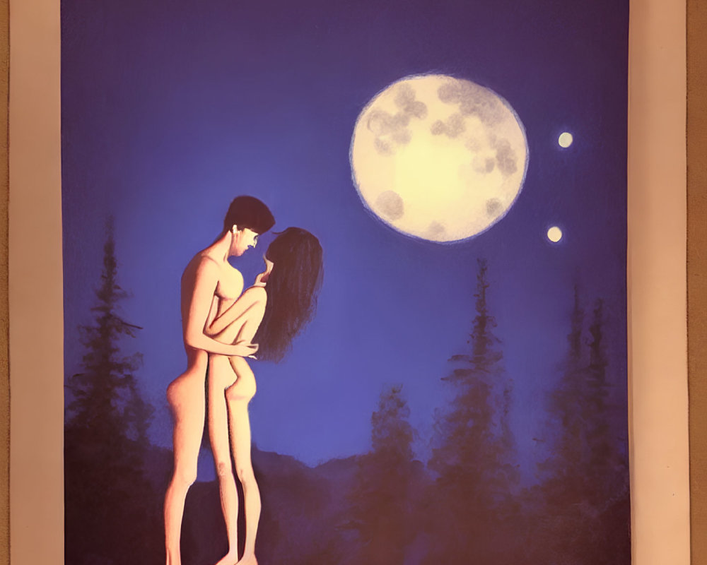 Couple embracing under moonlit sky with tree silhouettes
