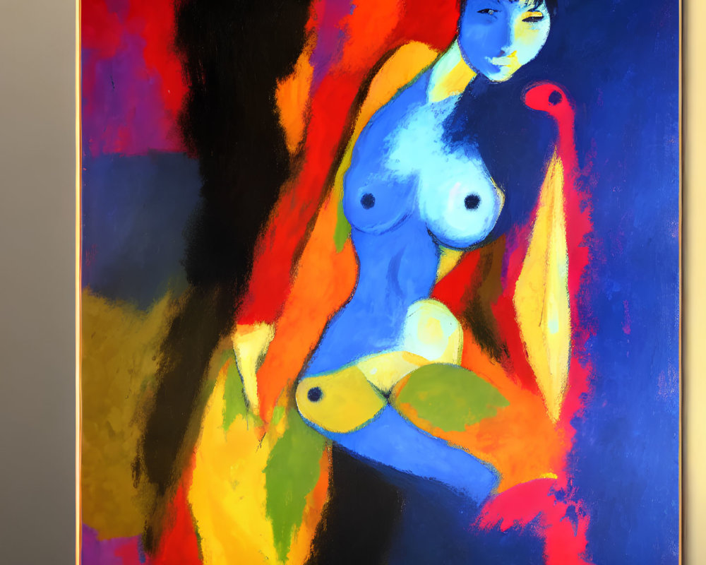 Vibrant abstract painting of blue human figure with yellow, red, and orange colors