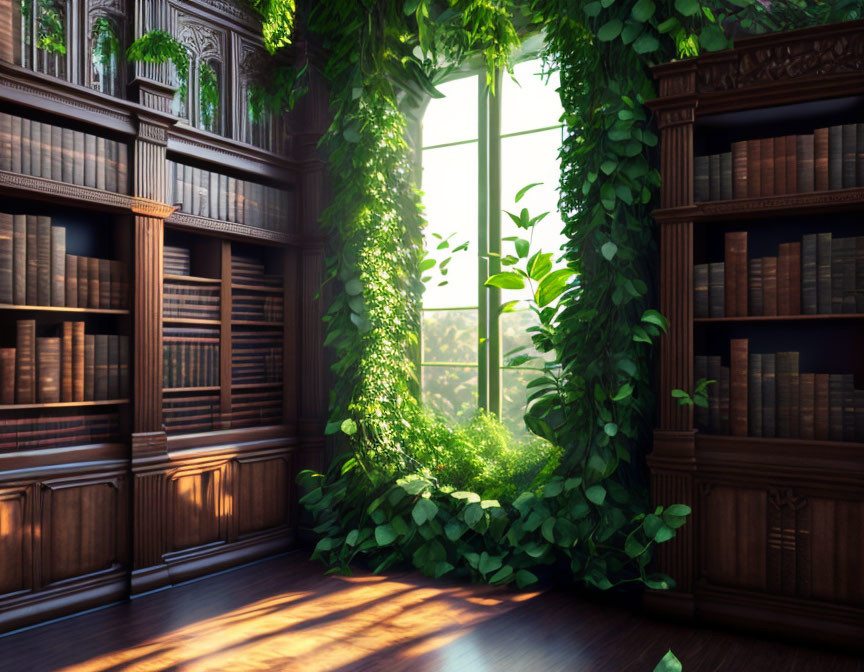 Enchanting library room with towering bookshelves and lush green plants