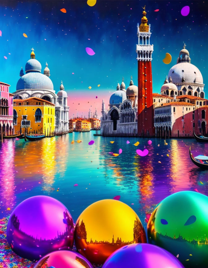 Vibrant surreal Venice scene with floating balls and heart-shaped confetti