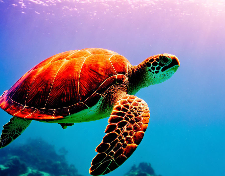 Colorful sea turtle swimming with sunlight filtering through ocean.