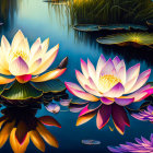 Pink and White Lotus Flowers Blooming on Blue Water with Lily Pads