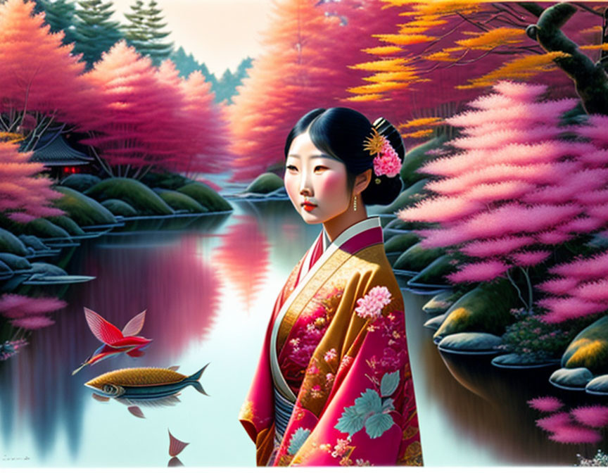 Traditional Japanese kimono woman by serene lake with koi fish and pink trees