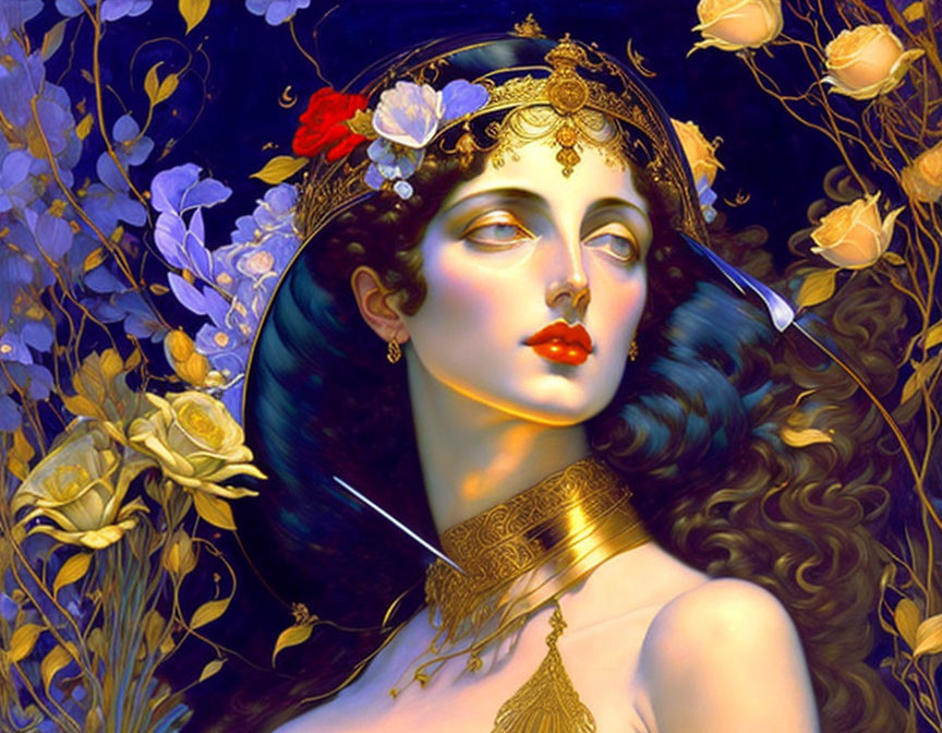 Portrait of woman with pale skin, black hair, gold headpiece, blue flowers, golden roses