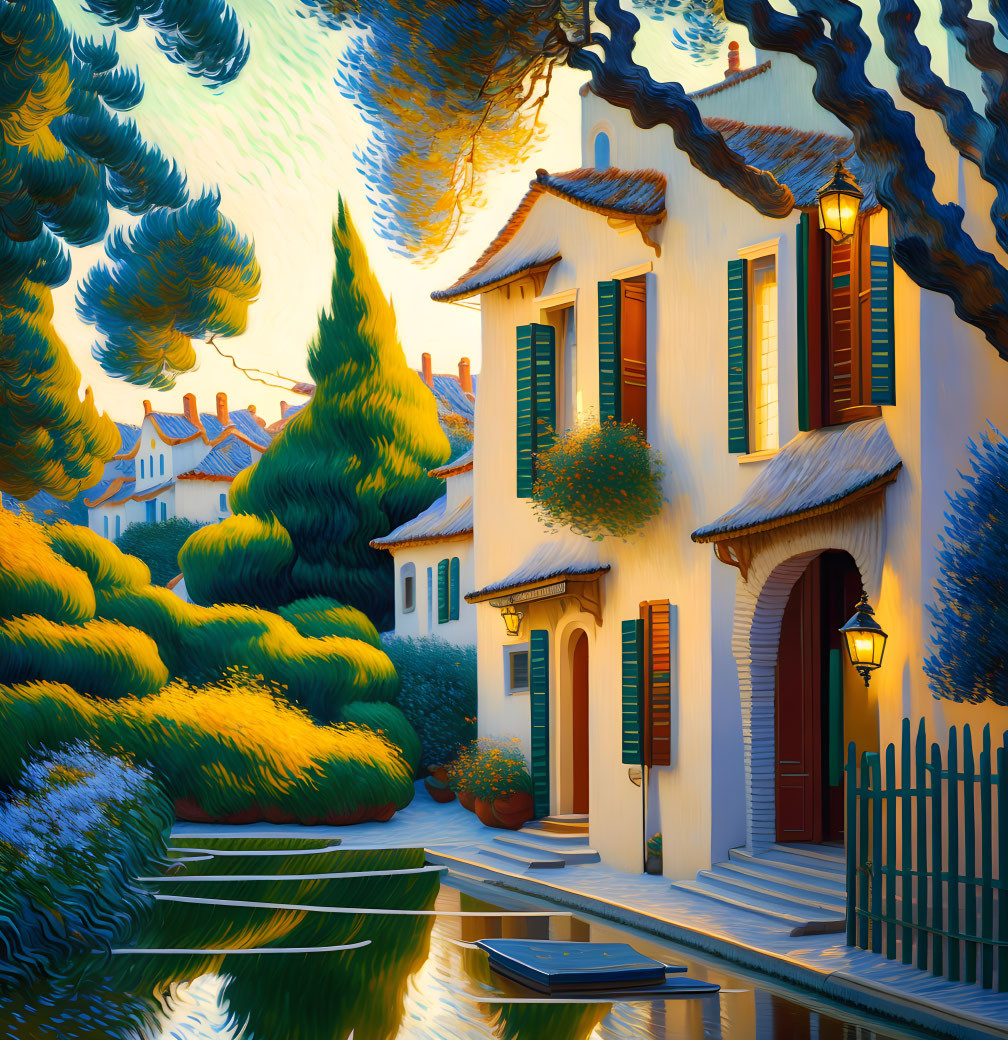 Colorful illustration of quaint village with cozy houses, canal, whimsical trees, and glowing lampp