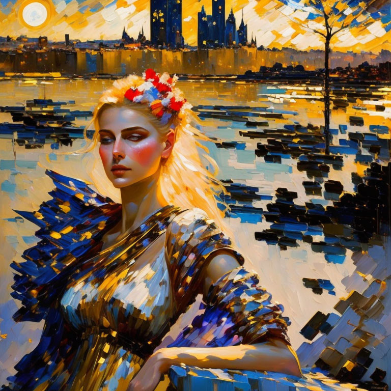 Colorful painting: woman with floral headpiece in cityscape sunset.