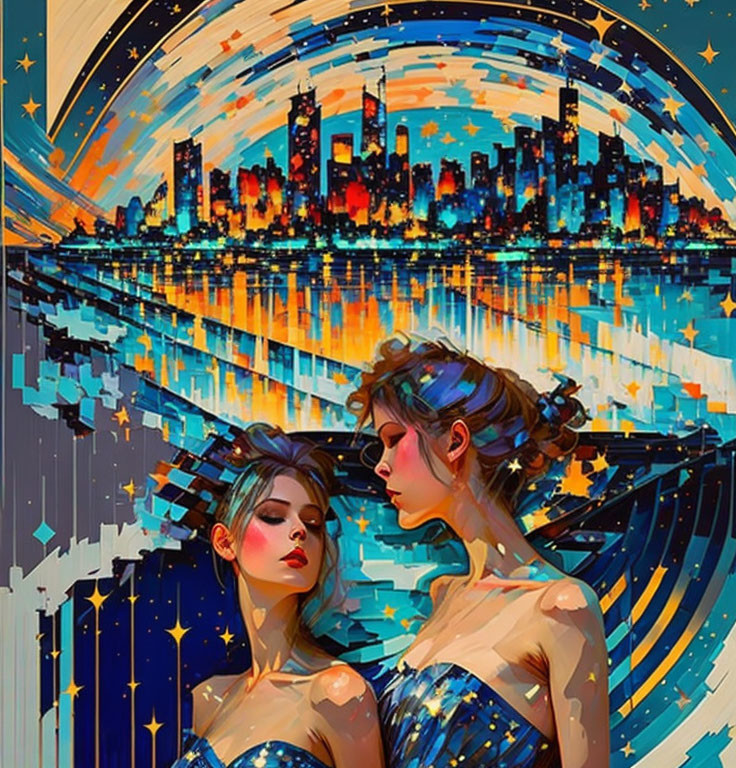 Stylized illustration of two women merging with cityscape and stars